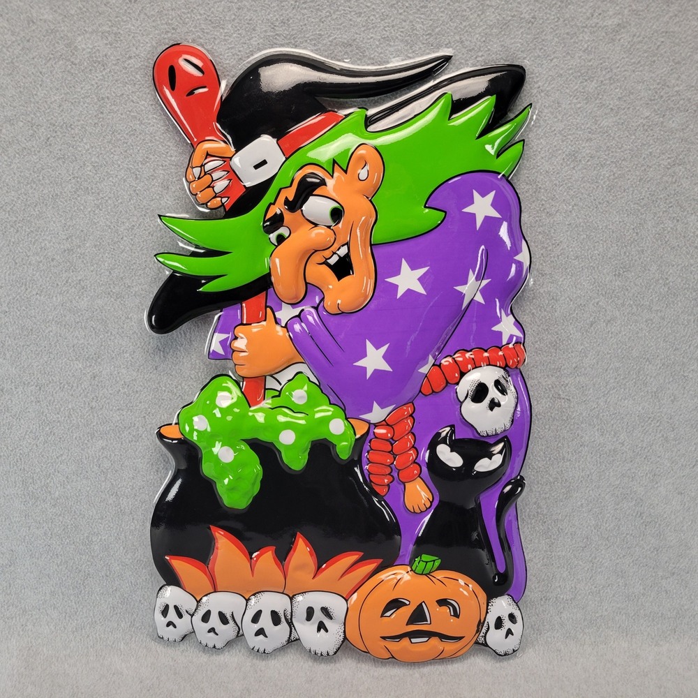 Vintage Halloween Witch Wall Plaque Vacuform 12in Purple Green Retro 3D Decor
